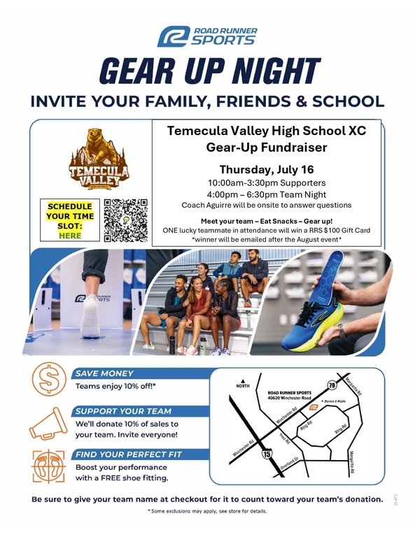 Road Runner Sports will be hosting a shoe party for our team on July 17, 2026. Invite your friends and family to buy a pair of shoes that fits their feet perfectly! 10% of the proceeds will come straight back to the program. Use the QR to reserve a time s