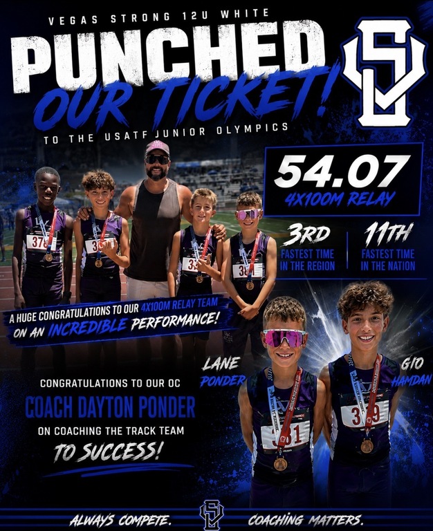 Congratulations Lane Ponder and Gio Hamdan for punching their ticket to the USATF Junior Olympics with a 4x100m time of 54.07. Their time places them 3rd in the region and 11th in the nation. Congratulations Coach Dayton Ponder for coaching these track ki