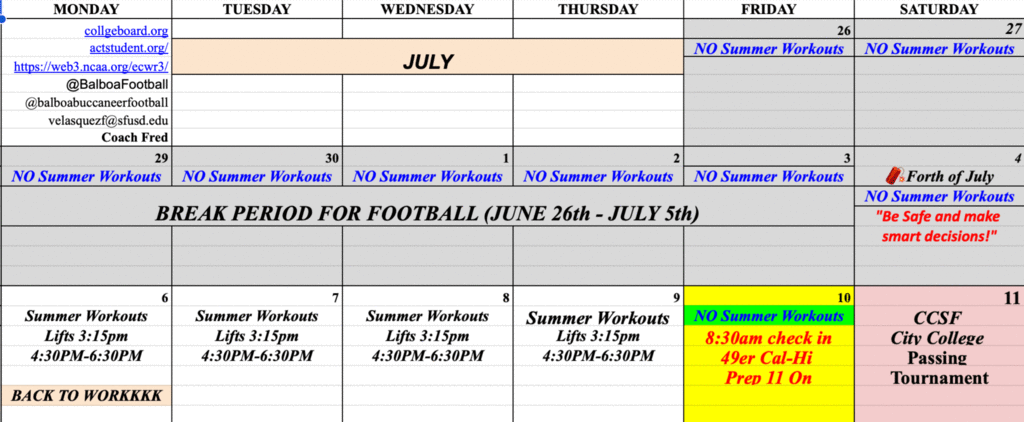 Hello Buccaneers & Buc Parents, Here is our upcoming summer workouts.
