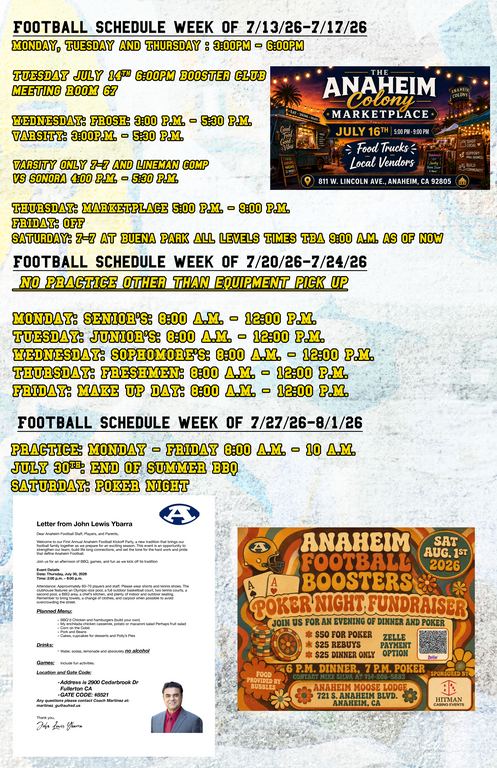 🏈 July 2026 Anaheim Football Update
The team is grinding through summer conditioning and camp all month long, gearing up for the 2026 season. The team is locked in and preparing for the first kickoff of the year: