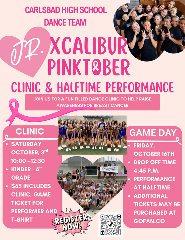 Junior Xcalibur PINKTOBER Dance Clinic registration is now open! Registration includes a one day clinic on 10/3 followed by a dance performance at the JV football game on Friday 10/16!