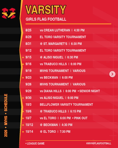 Mark your calendars for our MVHS Flag Football 2026 games!  Come out and cheer on the Diablos! 📣 🔥