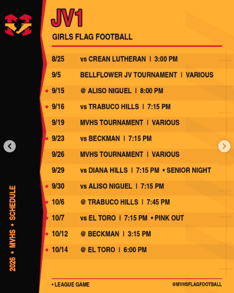Mark your calendars for our MVHS Flag Football 2026 games! Come out and cheer on the Diablos! 📣 🔥