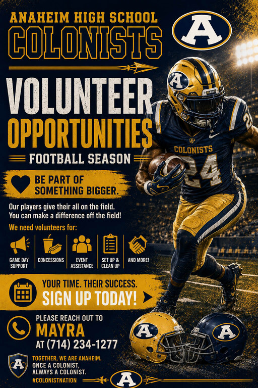 Anaheim Football is looking for volunteers to support our program in a variety of roles.  
If you’re interested in helping — whether it’s game‑day operations, equipment support, fundraising, media, or general assistance — we’d love to have you join the te