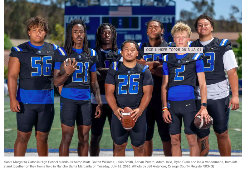 Orange County football preview: Santa Margarita ranked No. 1 in Top 25.  
The defending state champion Eagles begin the 2026 season atop the rankings, followed by Mater Dei, Mission Viejo and Orange Lutheran.

Link to OC Register article...
https://www.oc
