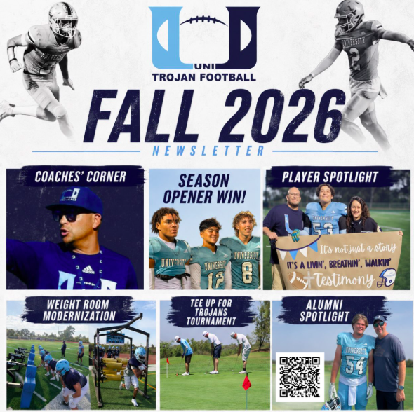 The FALL 2026 Newsletter is here! Catch up on everything happening in and around the Trojan Football program — from the sidelines to the weight room and beyond. 
Link to newsletter...https://tinyurl.com/UniFootballNewsFall2026