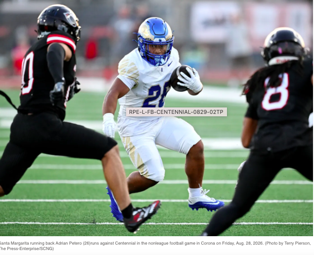 Santa Margarita football beats Centennial for fourth consecutive time!!
Ca’ron Williams returns an interception 30-yard for a touchdown in the third quarter and the Eagles deflect an extra-point in the fourth to seal the win.
Link to full OC Register reca