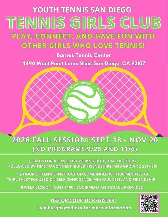 Here is a great opportunity some Friday night Tennis fun and empowerment. Meet new people, Improve your skills on and off the court! Sign up info on the flyer !!