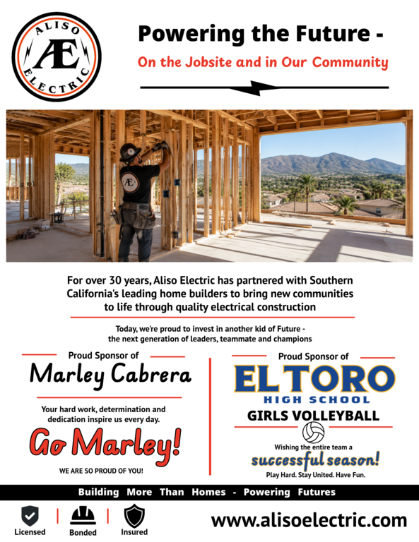 Thank you Aliso Electric for your support of El Toro Girls Volleyball!