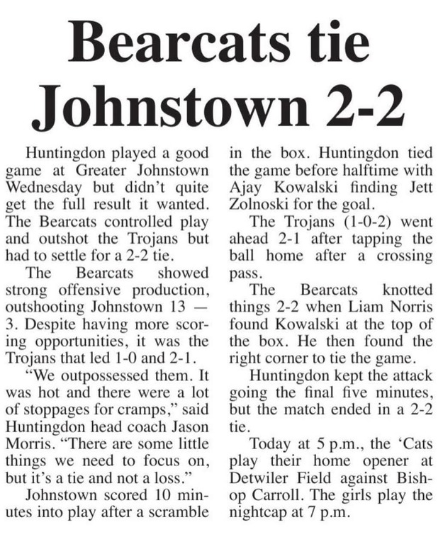 ⚽ Bearcats 2 – Greater Johnstown 2
It was a HOT one tonight at Greater Johnstown, and the heat took its toll with plenty of cramping throughout the match. Our guys battled through it and came away with a 2–2.