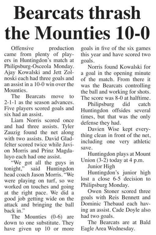 ⚽️ Huntingdon 10, Philipsburg-Osceola 0 ⚽️

💥 Another strong night for the Bearcats! 

The boys came out ready to play and put together a great team performance, earning a 10-0 win over Philipsburg-Osceola.
It was a good night all around, and the Bearcats
