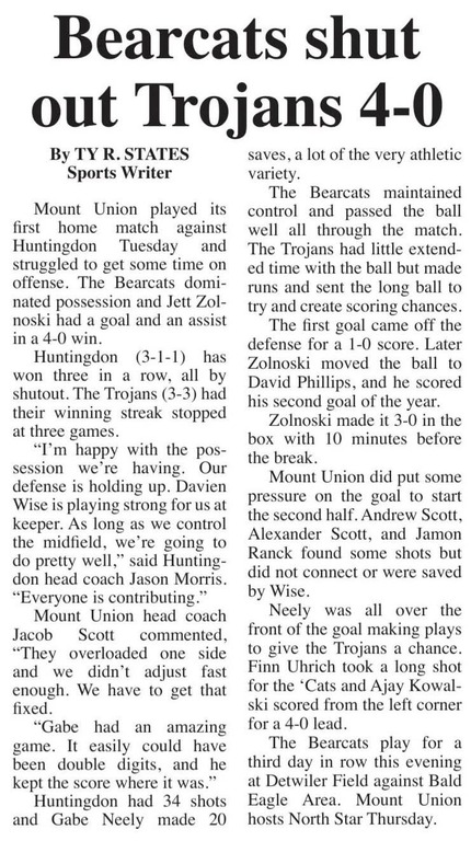 ⚽ Huntingdon 4, Mount Union 0 ⚽

Another win for the Bearcats! 💙

The boys put together a strong performance this afternoon, earning a 4-0 shutout victory over Mount Union. A great team effort from start to finish! 👏