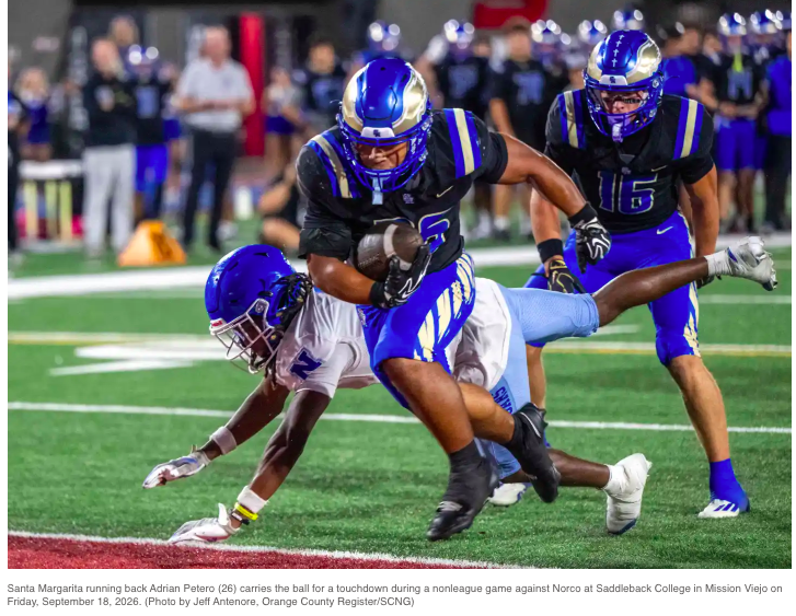 Santa Margarita football shuts out Norco with ‘incredible’ defense!
The Eagles improve to 5-0 behind their dominate defense and running back Adrian Petero's tough running.


Link to complete OR Register article...
https://www.ocregister.com/2026/09/18/san