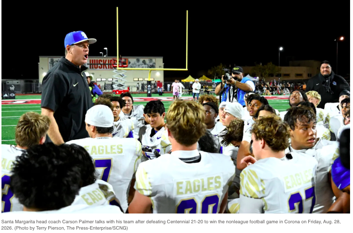 Orange County football Top 25: No. 1 Santa Margarita heads into league play...
No. 1 Santa Margarita and No. 2 Mater Dei have a big showdown this week in the Trinity League.

LInk to complete OC Register write up...