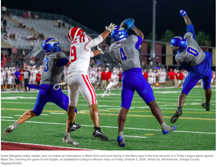 Santa Margarita football fends off Mater Dei with late interception!!
Santa Margarita records seven sacks and freshman Jayden Jack intercepts a pass in the final seconds to beat Mater Dei for the second year in a row.
Link to complete OC Register recap...