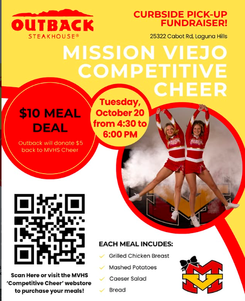 Our favorite dine out fundraiser IS BACK! Join us for a delicious way to support our Mission Viejo Competitive Cheer team! 💛❤️
📅 PICKUP: Tuesday, October 20th
⏰ 4:30 PM – 6:00 PM
📍 Outback Steakhouse – 25322 Cabot Rd, Laguna Hills
Enjoy a $10 Take away Me
