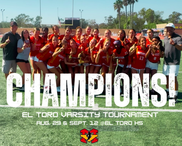 TOURNAMENT CHAMPIONS!
El Toro Varsity Tournament
Aug. 29 & Sept 12

Game 1
vs. San Juan Hills
Mission win 20-12

Game 2
vs. Portola
Mission win 20-6

Game 3
vs. Santa Margarita
Mission win 35-31

Game 4
vs. Portola
Mission win 30-12

Game 5
vs. Santa Marg