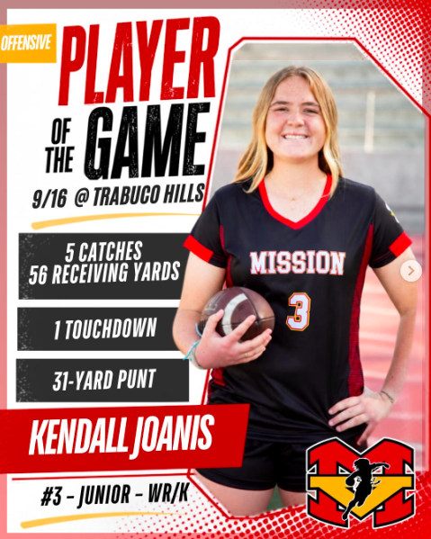 CONGRATULATIONS to our Players of the Game from our 2nd league game vs. Trabuco Hills!! These players led the way to a 20-12 Diablo victory!! 🏈🔥

OFFENSIVE Kendall Joanis #3 | Junior | WR/K 5 catches for 56 yards 1 touchdown 31-yard punt