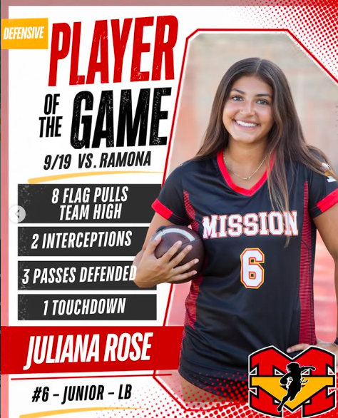 These girls WENT OFF! 🔥💪 Shoutout to our Players of the Game from our 30–6 WIN over Ramona in Game 1 of our MVHS Girls Flag Football Tournament on 9/19! 🏈

DEFENSIVE Juliana Rose #6 | Junior | LB 8 flag pulls — team high 2 interceptions  3 passes defended