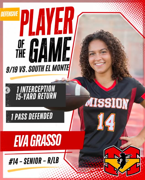 ame 2, another Diablos WIN! 🔥💪 Shoutout to our Players of the Game from our 34–0 win against South El Monte at our MVHS Girls Flag Football Tournament on 9/19! 🏈

DEFENSIVE Eva Grasso #14 | Senior | R/LB 1 interception returned for 15 yards 1 pass defende