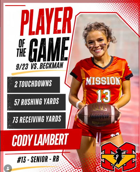 PLAYER OF THE GAME 🔥🏈

Senior RB #13 Cody Lambert showed up strong against Beckman last night!

⭐ 2 touchdowns ⭐ 57 rushing yards ⭐ 73 receiving yards

The game may not have gone our way, but Cody gave it a fight. Proud of her effort and the way she compe