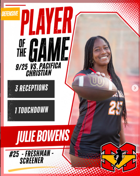 BIG PLAYS. BIG WIN. 🔥🏈
Mission takes the W over Pacifica Christian with a 25–0 win! Shoutout to our Players of the Game:

OFFENSIVE:
#25 Julie Bowens — Freshman Screener 3 receptions • 1 touchdown