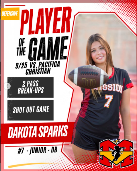 BIG PLAYS. BIG WIN. 🔥🏈
Mission takes the W over Pacifica Christian with a 25–0 win! Shoutout to our Players of the Game:

DEFENSIVE:
#7 Dakota Sparks — Junior DB 2 pass breakups • Helped to make it a shutout game

Proud of these girls and the team effort 