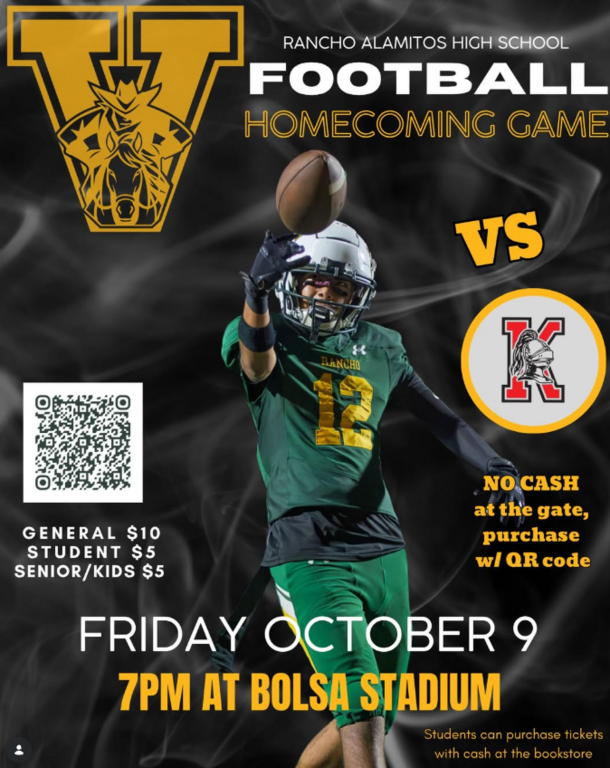 It’s HOMECOMING!! 💚💛💚💛💚💛💚💛
Remember, Once a Vaquero, Always a Vaquero! SO, JOIN US Friday, October 9th at 7 PM as Rancho takes on Katella at Bolsa Stadium! Let’s pack the stands, Vaqueros! 🤠