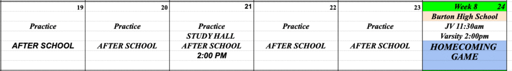 This week practice schedule