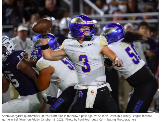 Santa Margarita football as good as last year’s championship team?
Coach Carson Palmer says the undefeated Eagles won’t know if they measure up until they go through the playoffs.
Link to complete OC Register article....
https://www.ocregister.com/2026/10
