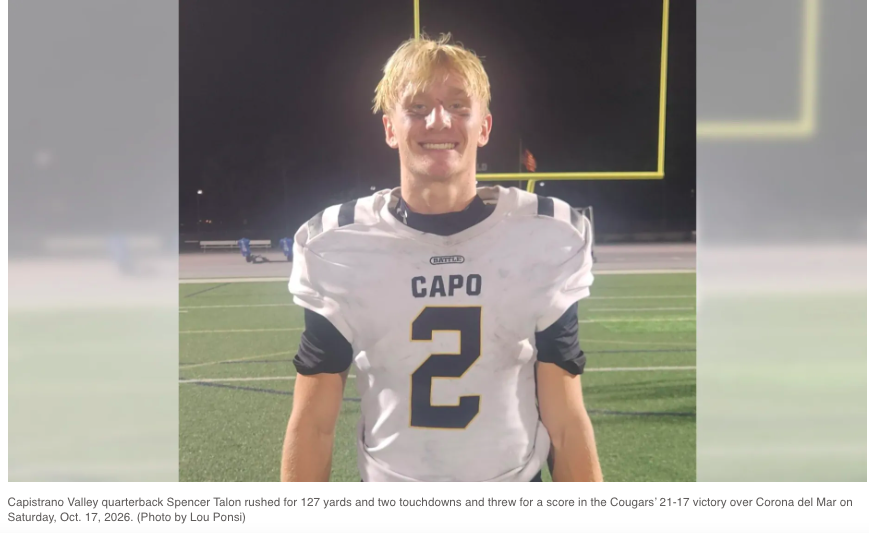 Capistrano Valley football hands Corona del Mar its first loss of the season
QB Talon Spencer rushes for two touchdowns and throws for a TD to lead the Cougars to a victory despite the distractions of the Norte fire.
Link to full OC Register recap...
http