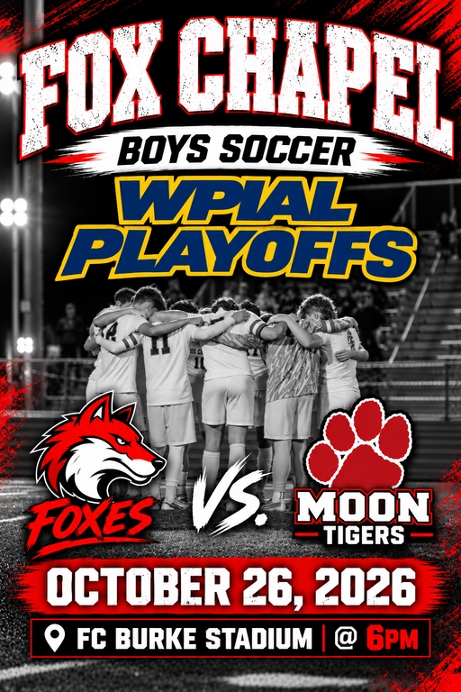 Playoffs start tonight for our Foxes! 

 6pm @ FC Burke Stadium vs Moon Tigers

To stream the game, you must subscribe through the WPIAL NFHS network. 

https://www.nfhsnetwork.com/associations/wpial/soccer

Hope to see you there or tuned it! Roll Foxes!