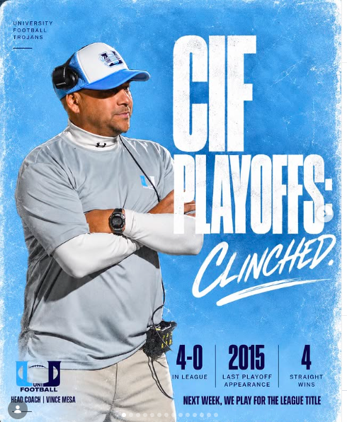 VICTORY SECURED. HISTORY MADE. ⚔️💥🏈

4–0 in league. CIF Playoffs clinched for the first time since 2015.

One more game. League title on the line.

THE JOB’S NOT FINISHED. ⚔️