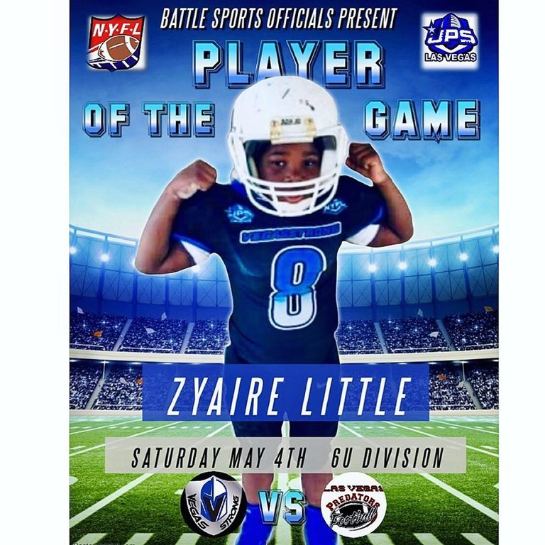 BATTLE SPORTS OFFICIALS Present;

Player of the Game “ZYAIRE LITTLE” from Vegas Strongs 6U division for the stand-out performance in his JPS*NYFL game Saturday May 4th against the LV Predators.

Congratulations Zyaire! Keep up the great work!...
👏👏👏 

#NY