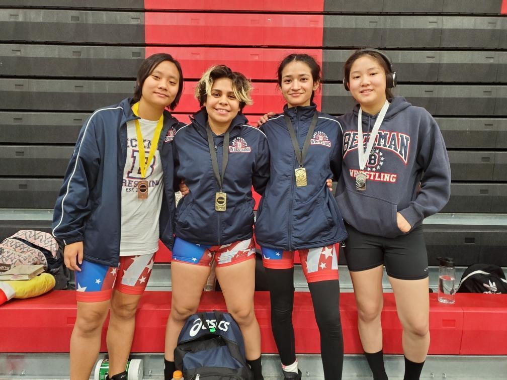 Medalists at Tustin Duals! Liz and Momina gold, Julia silver, Kanami bronze.