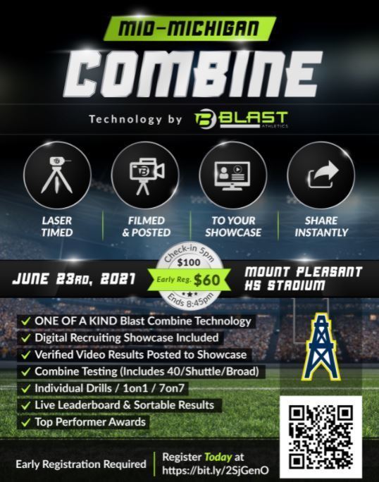 Mid Michigan Combine Flyer
6/23/21
Mount Pleasant HS
$60.00 5pm-8:45pm ($100/late)
Members of a Blast Fundraising Team Receive Discount.