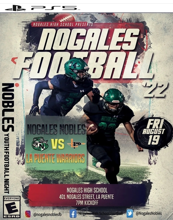 8 days to kickoff!! 
Friday, August 19th join us at Nogales High School for Youth Football Night!! Nogales Nobles take on the La Puente Warriors in a crosstown battle to kick off the 2022 season!! Youth Sports players wear your jersey to get free admissi