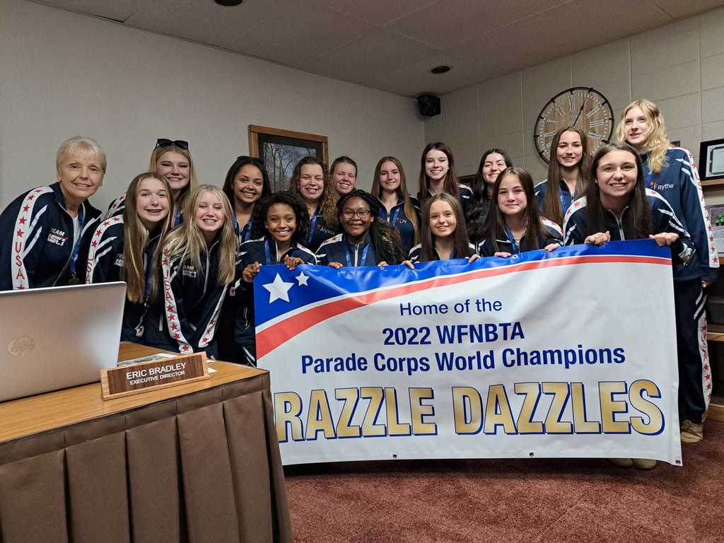On August 18th, The World Champion Razzle Dazzles Parade Corps was recognized at the Zion Park District Board meeting this evening with kind words and this terrific Championship Banner.

All of these young ladies began their twirling career in the Zion 