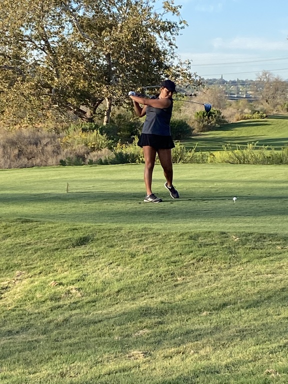 Bella Ibarra about to launch a tee shot on hole 4 at Arroyo Trabuco in a JV golf match vs. Santa Margarita